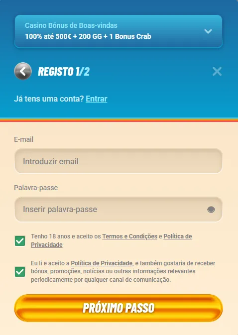Registo no Vegasino